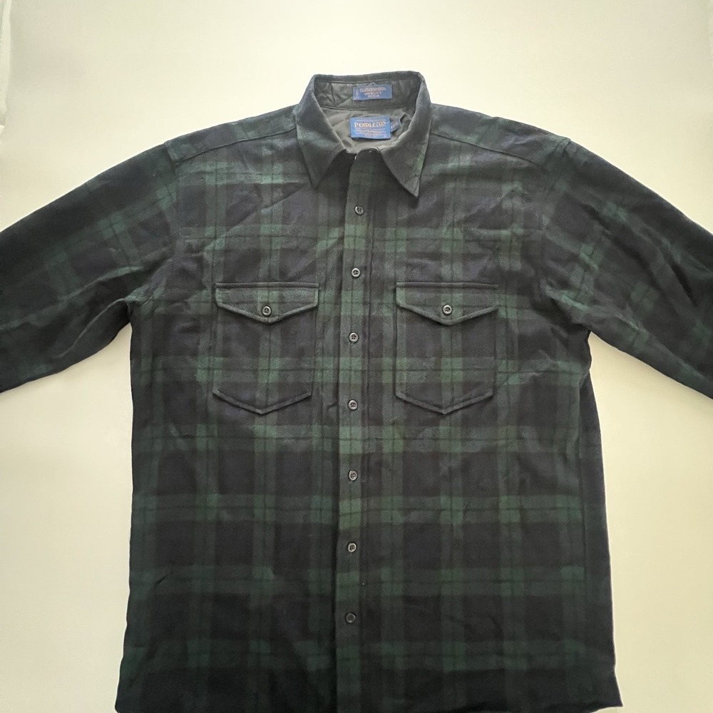 Pendleton Outdoorsman Black Watch Wool Shirt Mens L Long Made USA Vintage